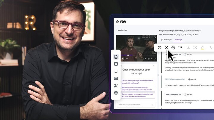 A man in a black shirt and glasses smiles at the camera. There is an image of the Rev transcript editor overlaid on the right hand side.