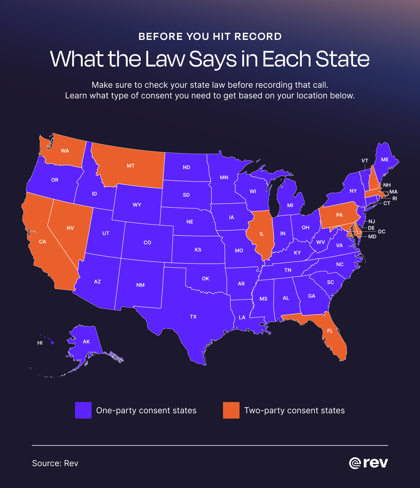 Graphic titled “What the Law Says in Each State” that shows a map of the U.S. with each state color-coded to show if it's a one or two-party consent state.