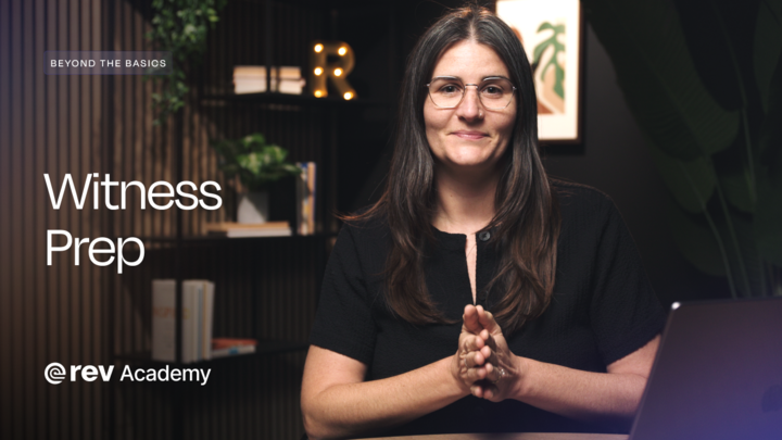 A woman in a black shirt and glasses looks at the camera while holding her hands together. The words "Beyond The Basics," "Witness Prep, and "Rev Academy" are her left.