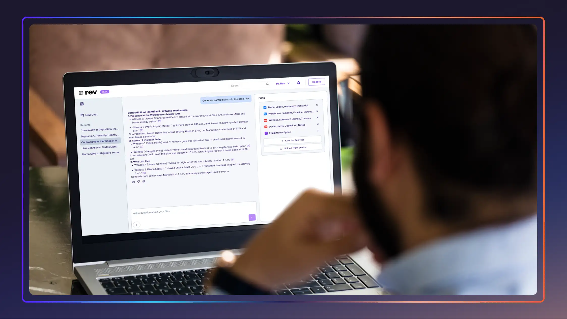 Over-the-shoulder view of a man looking at a laptop with his hand near his face. The Rev platform is open on the screen, showing contradictions in witness testimonies.