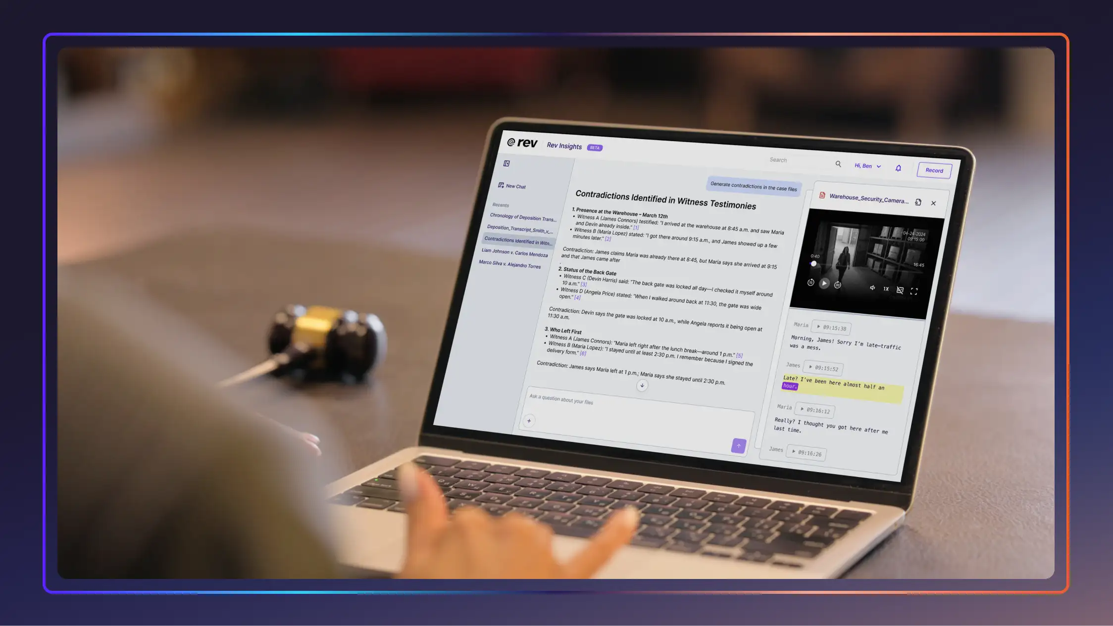 Woman’s hand on a laptop, scrolling through notes on Rev with a judge’s gavel to the side.