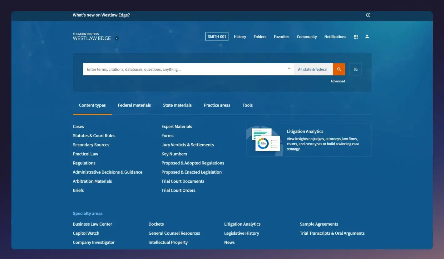 Snapshot of the Westlaw Edge platform with a search bar at the top.