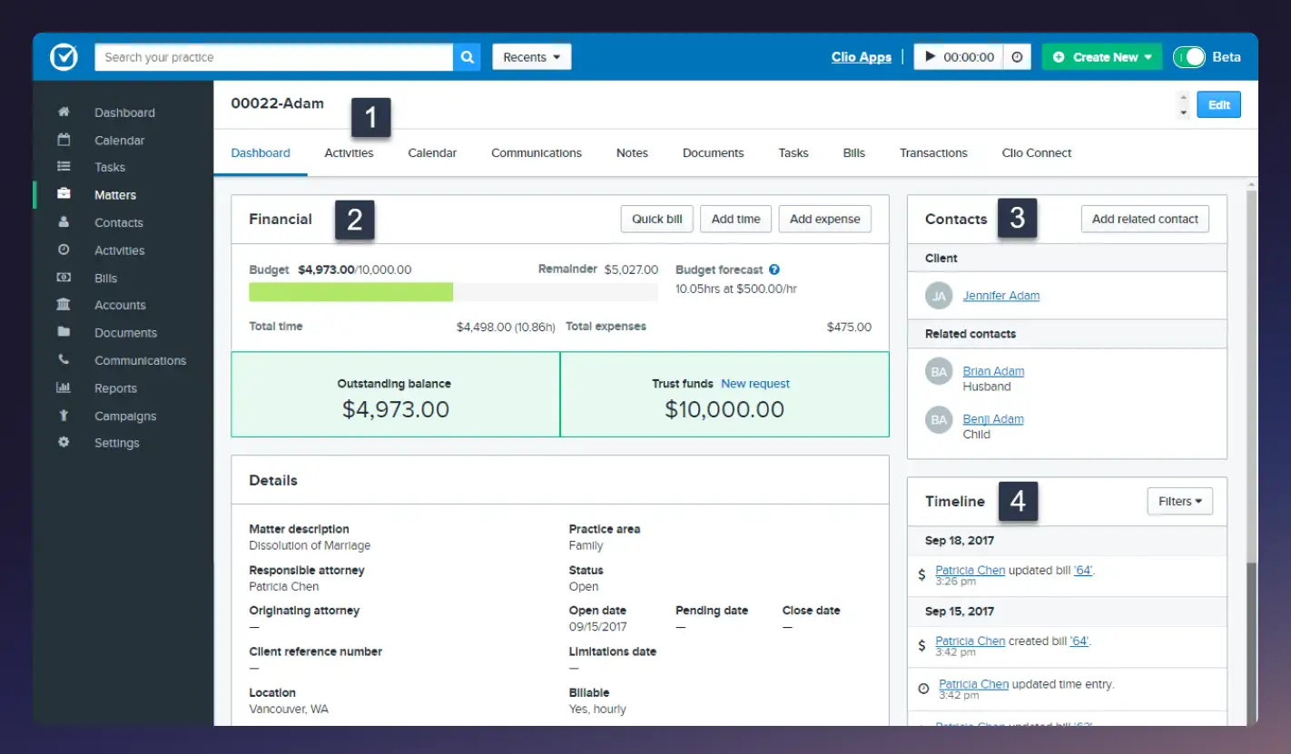 Snapshot of the Clio platform in use, showing a case management dashboard.