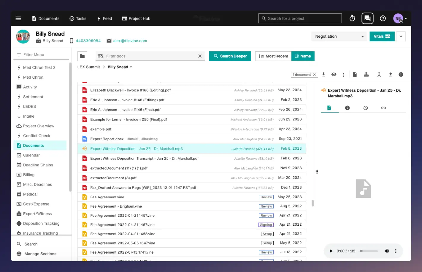Snapshot of the Filevine platform in use, showing documents of a case.