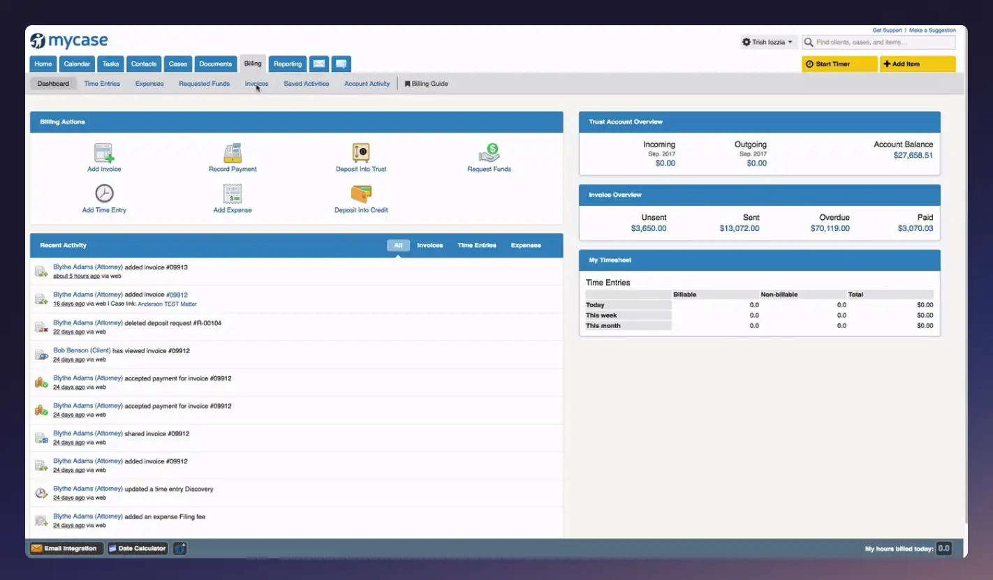 Snapshot of the MyCase platform in use, showing a billing dashboard.
