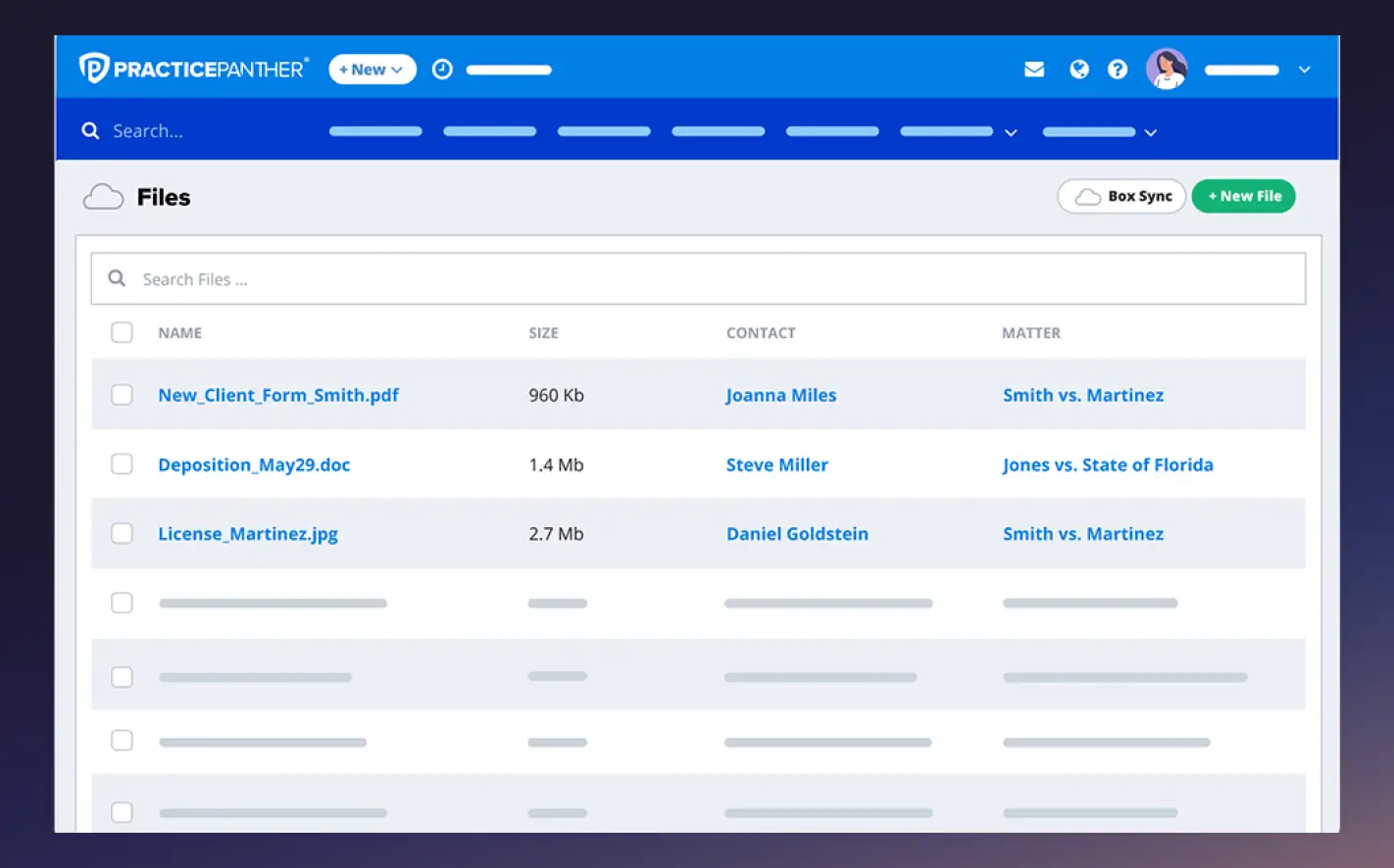 Snapshot of the PracticePanter platform in use, showing a list of files.