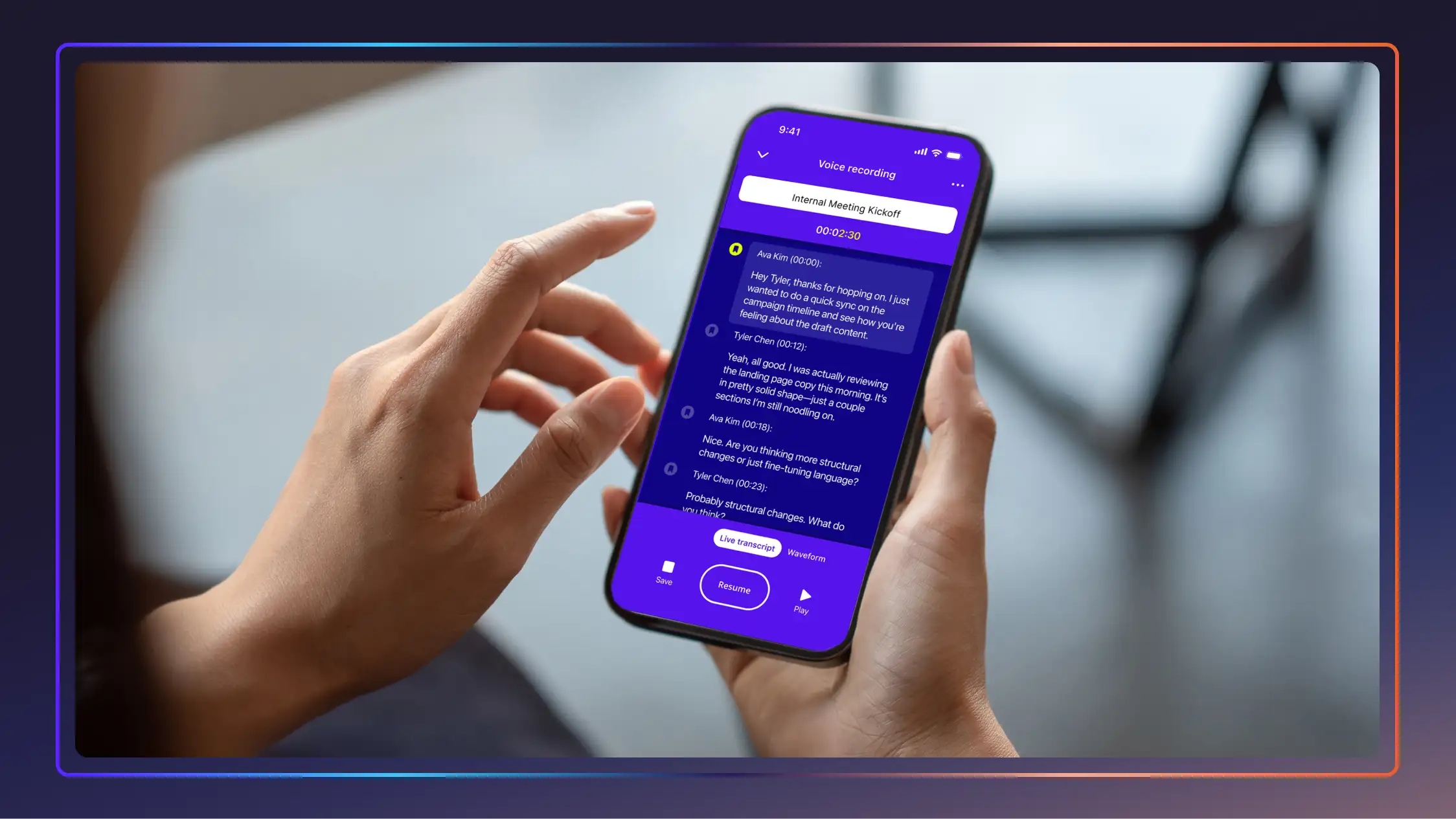 Woman’s hands holding a smartphone with Rev’s meeting recording and transcription app on the screen.