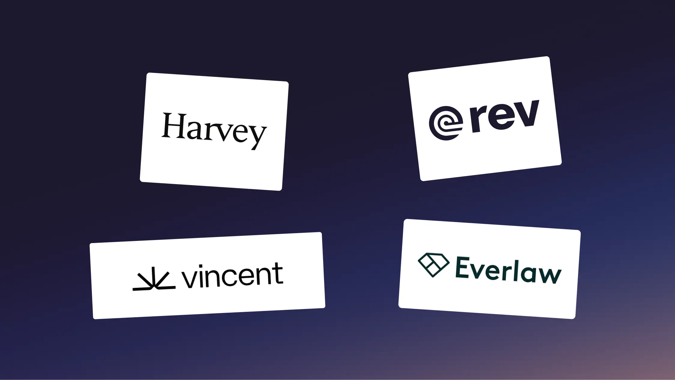 A graphic of Harvey AI alternatives showing the Rev, Vincent, Harvey, and Everlaw logos.