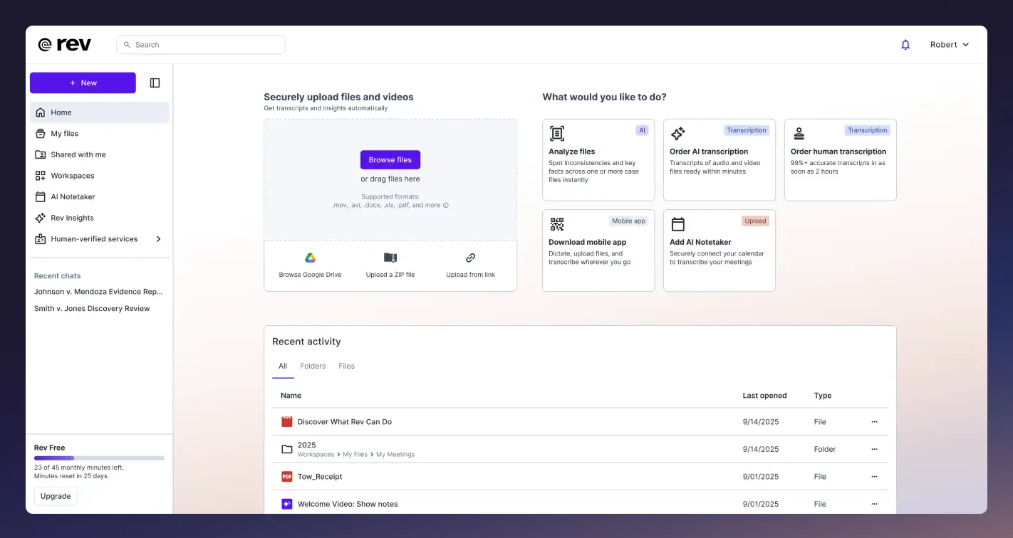  The Rev dashboard, a legal AI tool for transcription and multimedia evidence analysis.
