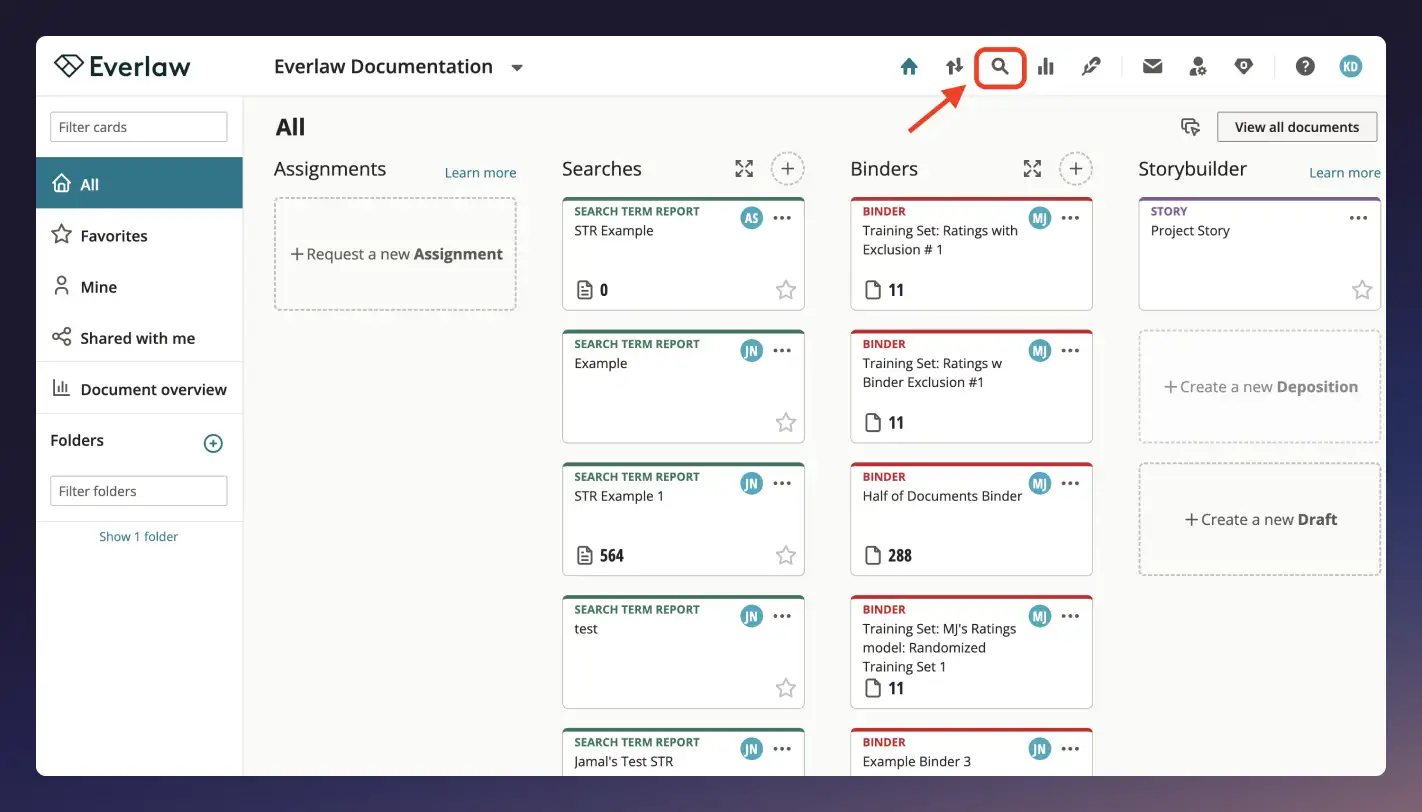 Everlaw documentation dashboard.