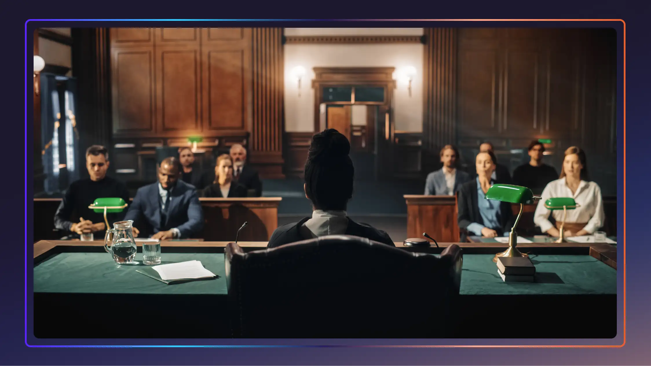 View from behind a judge looking out from her bench over a small trial.