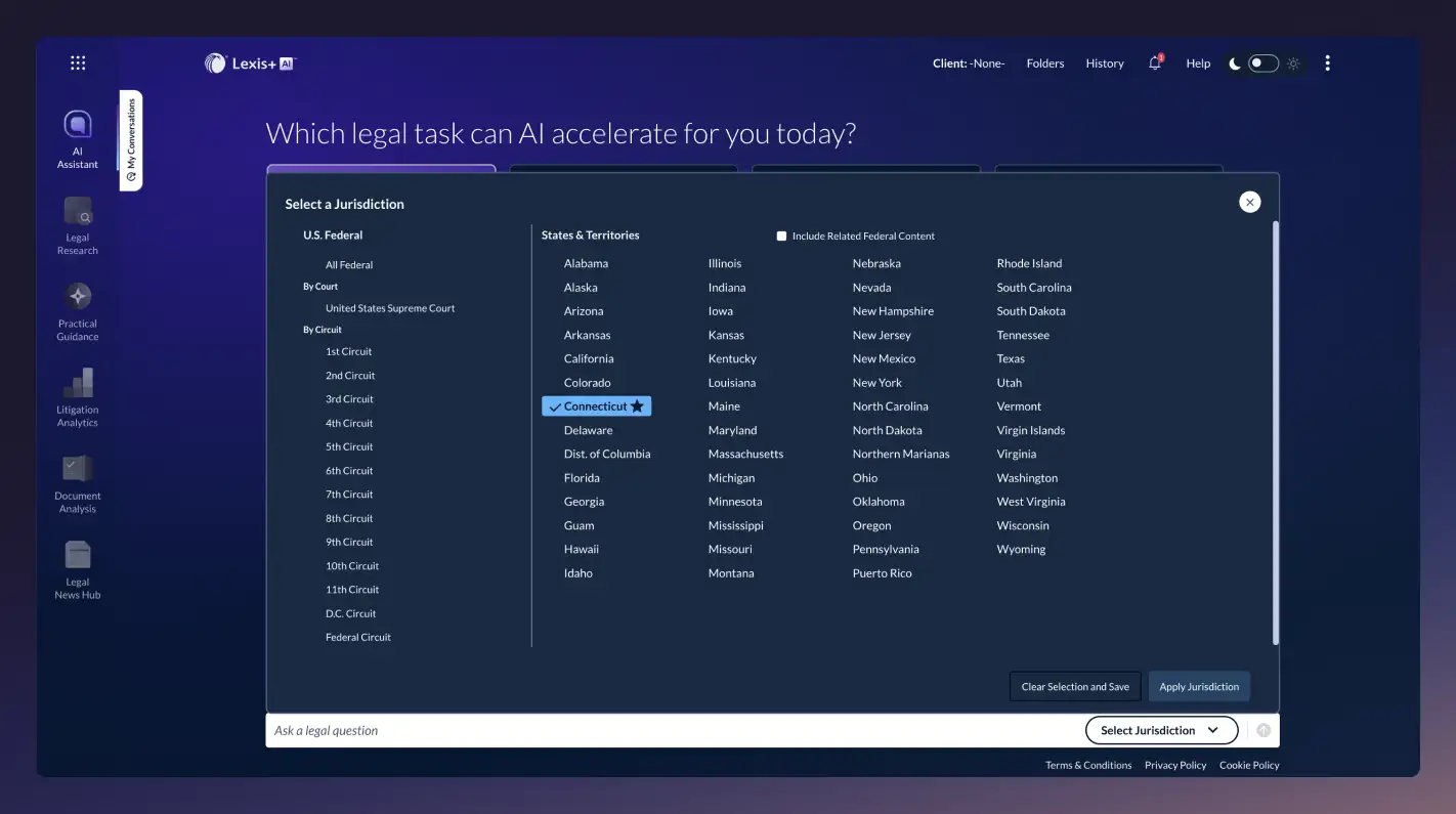 The Lexis+ dashboard with jurisdiction buttons available.