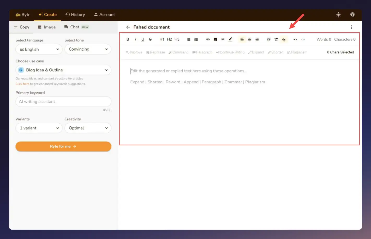 The Rytr platform showing a copy dashboard for a blog post.