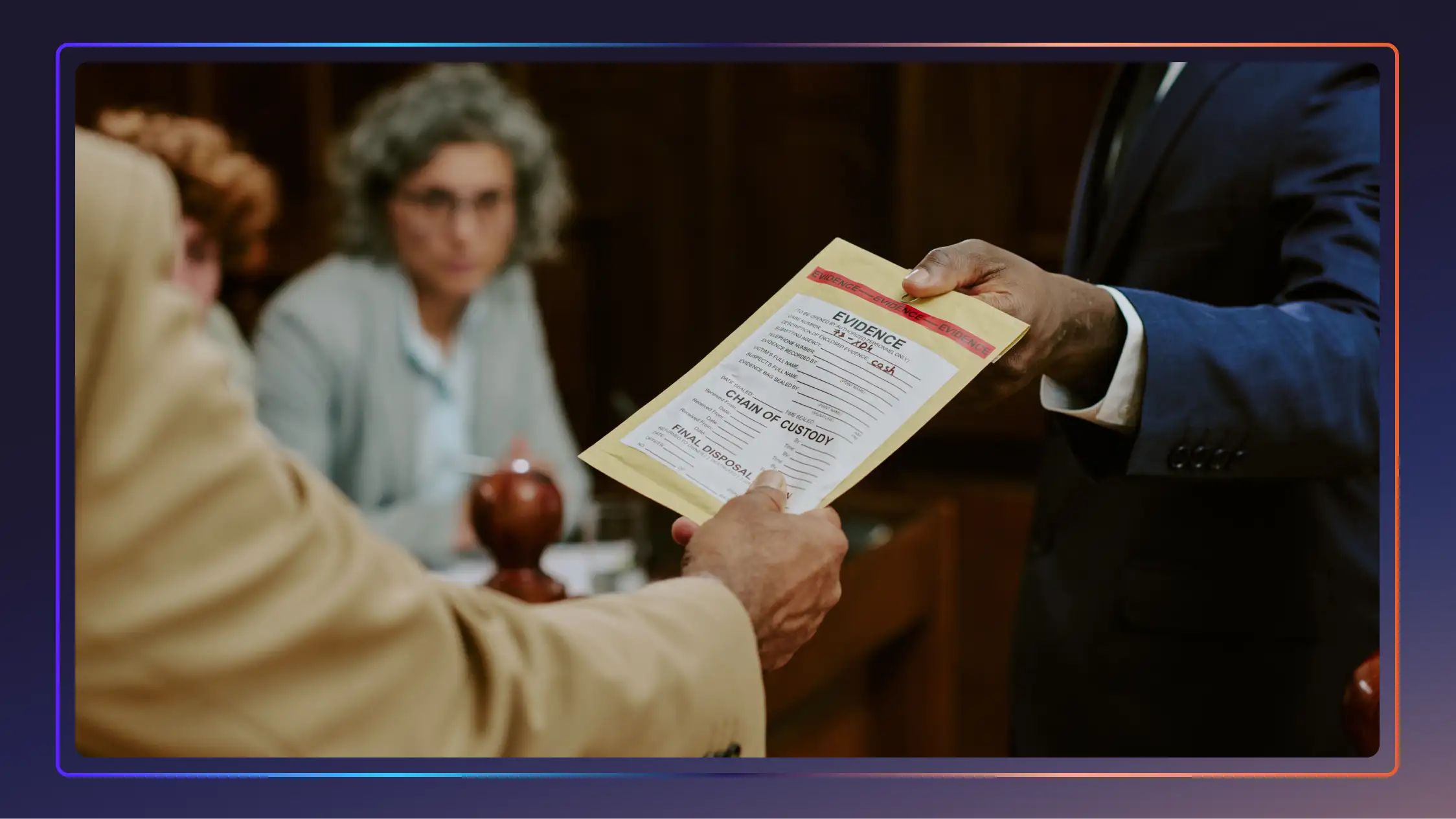 Close-up of two men’s hands exchanging a sealed envelope of evidence.