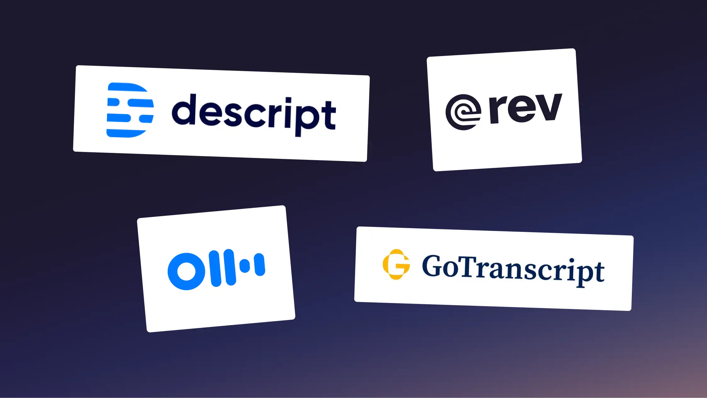 Graphic with a purple background showing the Rev, Descript, Otter, and GoTranscript logos.