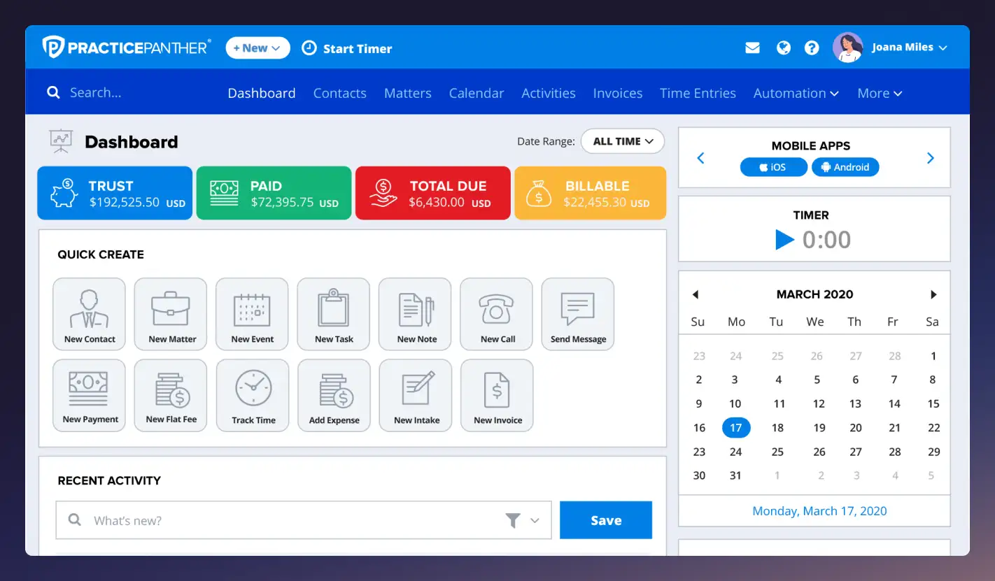The dashboard for PracticePanther, a user-friendly practice management platform and MyCase alternative.