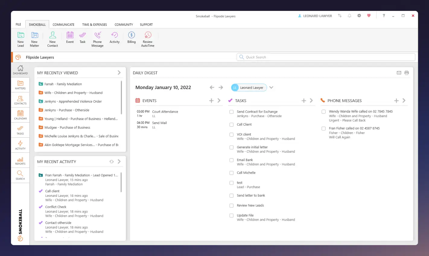 The dashboard for Smokeball, an automatic time tracking tool and MyCase alternative.