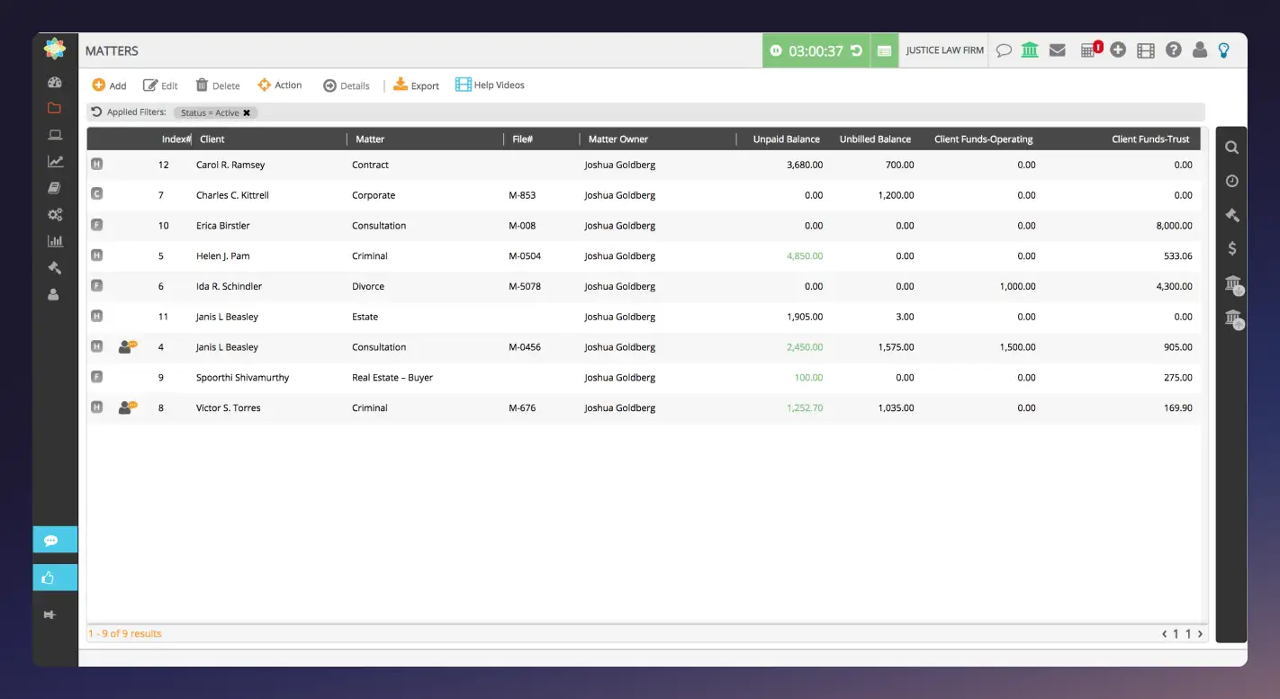 The dashboard for Cosmolex, a practice management software with built-in trust accounting.