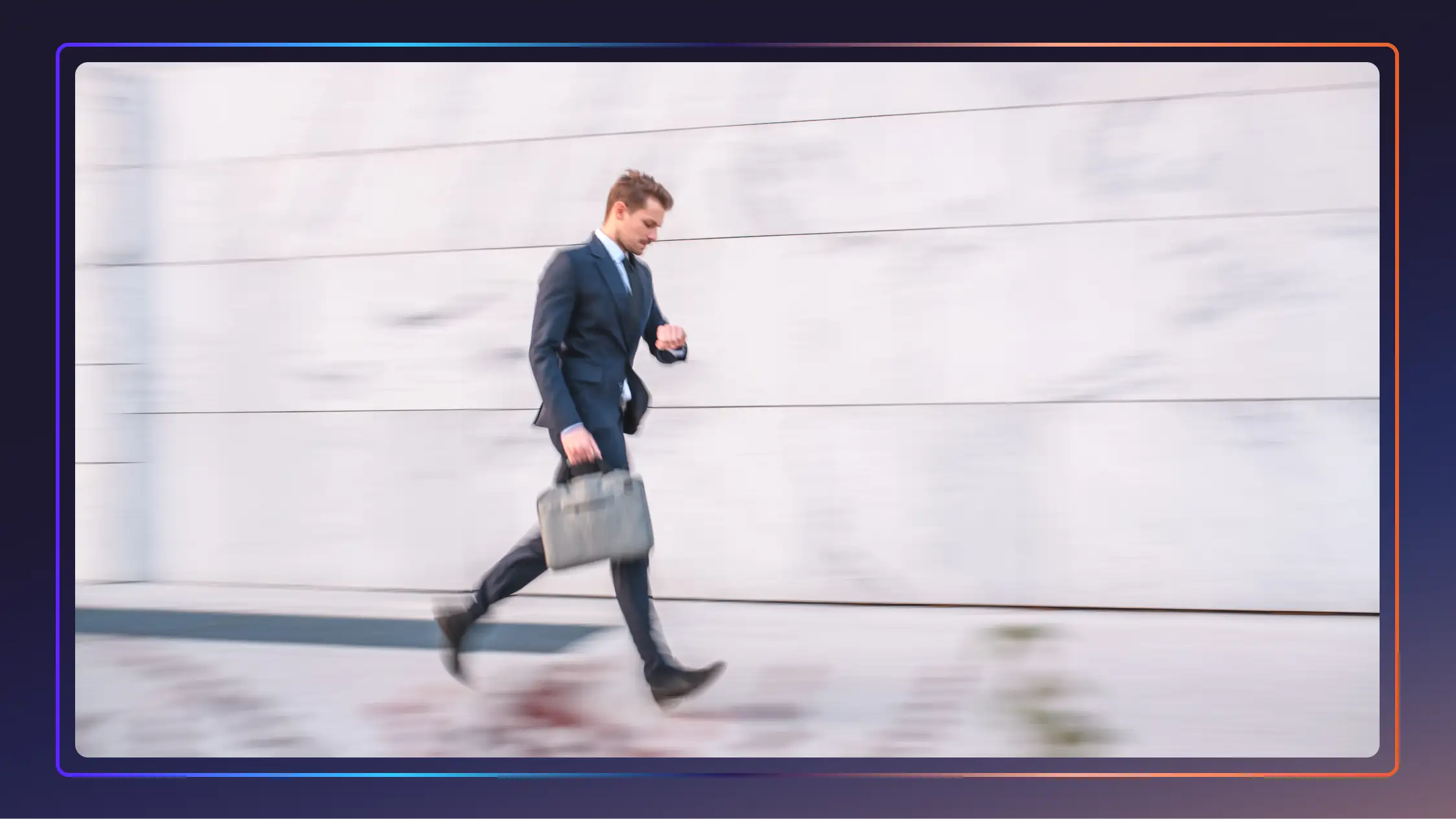  A lawyer runs while checking his watch; the background behind him is blurry.