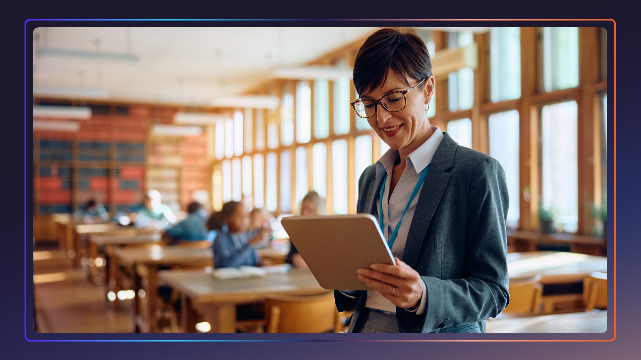 Educator in a classroom checking for ADA website compliance.