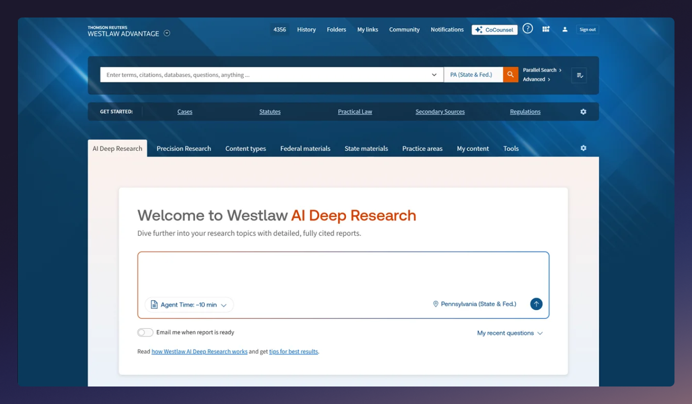 Westlaw AI Platform AI Deep Research Screenshot