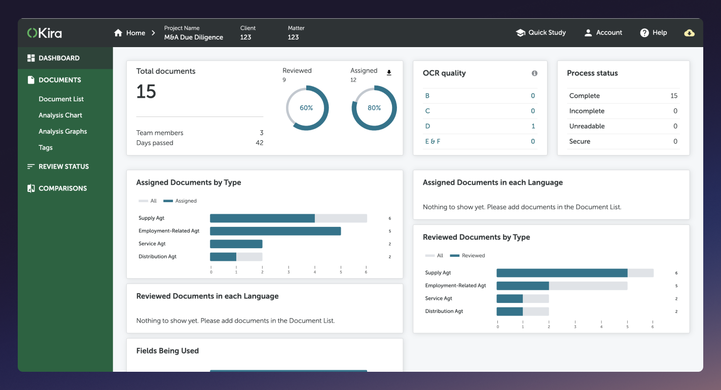 Kira Systems Platform dashboard Screenshot