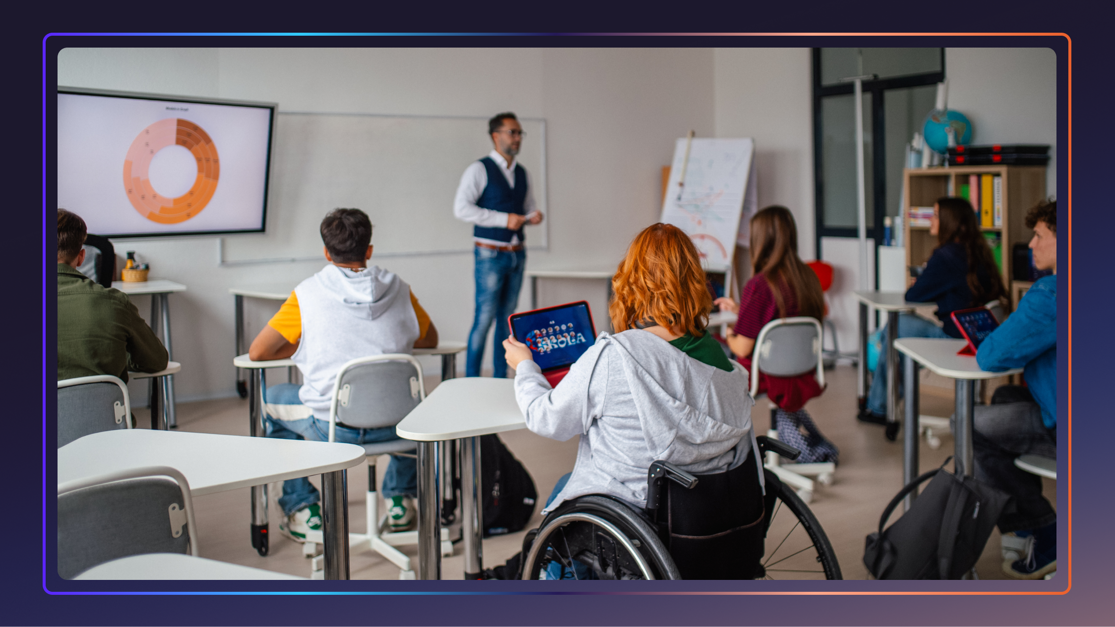 A teacher in a blue vest standing next to a smartboard while teaching six students.