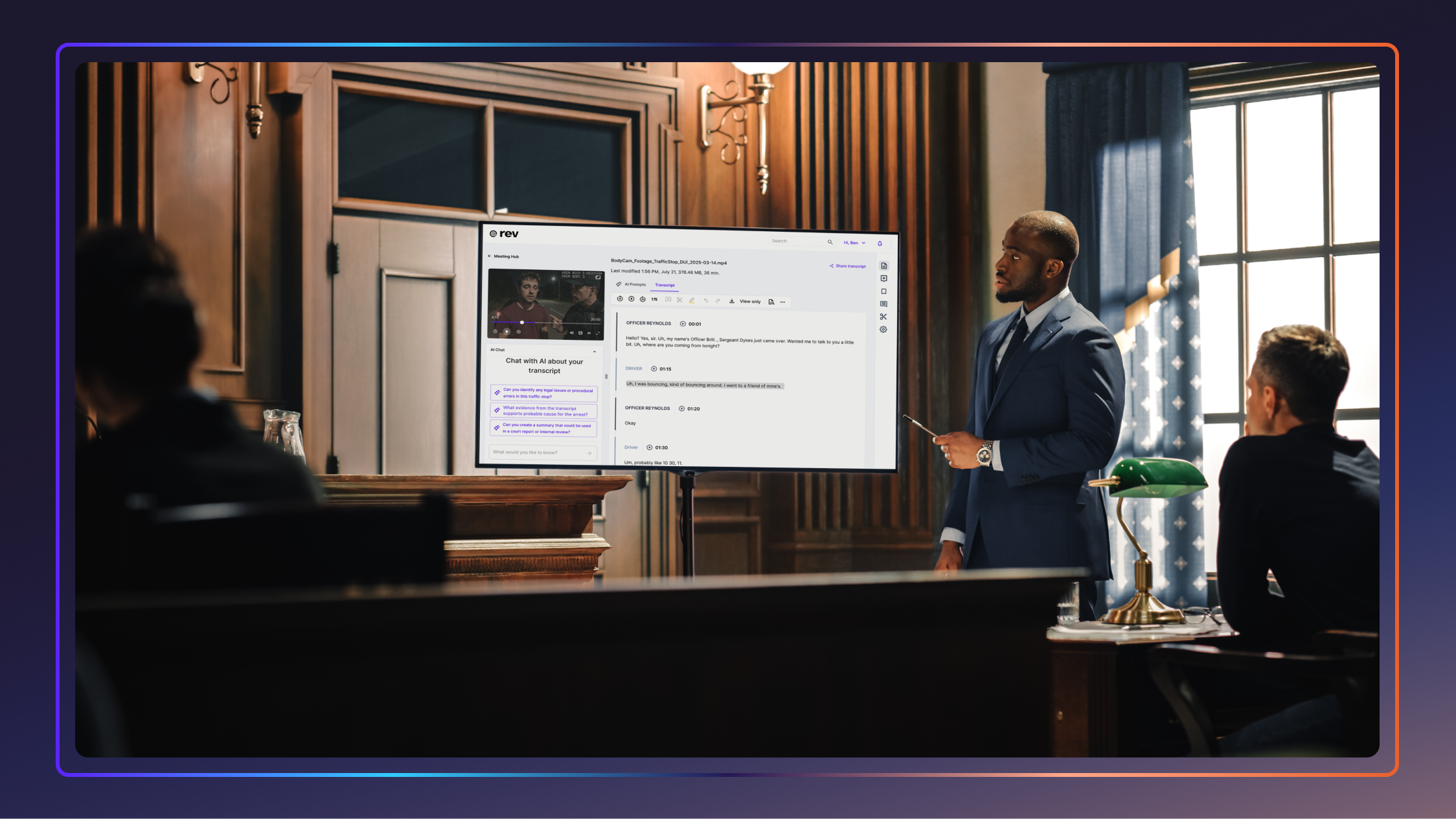 Lawyer presenting a transcript on Rev’s platform on a screen in a courtroom.