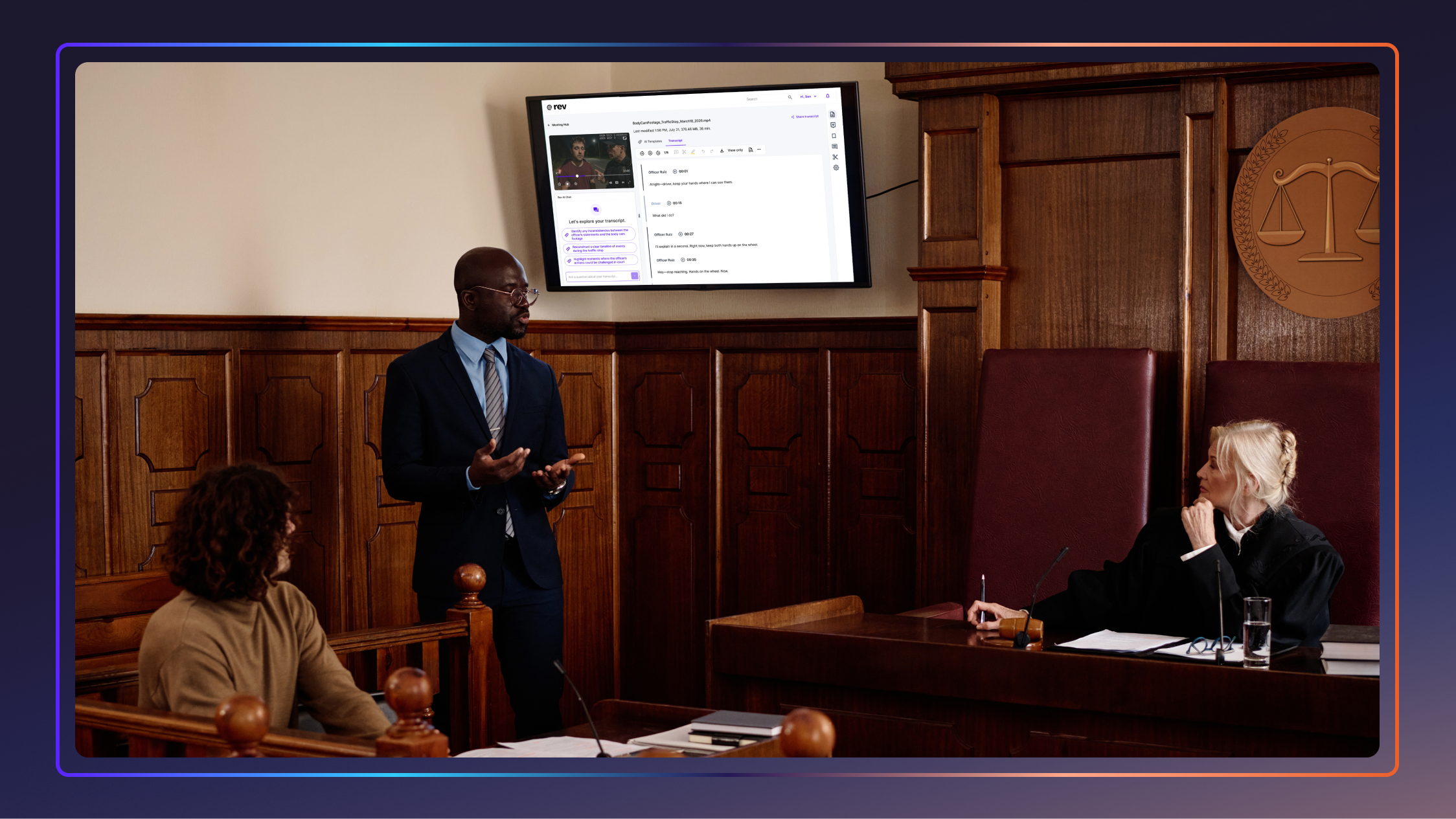 An attorney presenting video evidence on Rev’s platform on a screen in a courtroom with two other people present, including the judge.