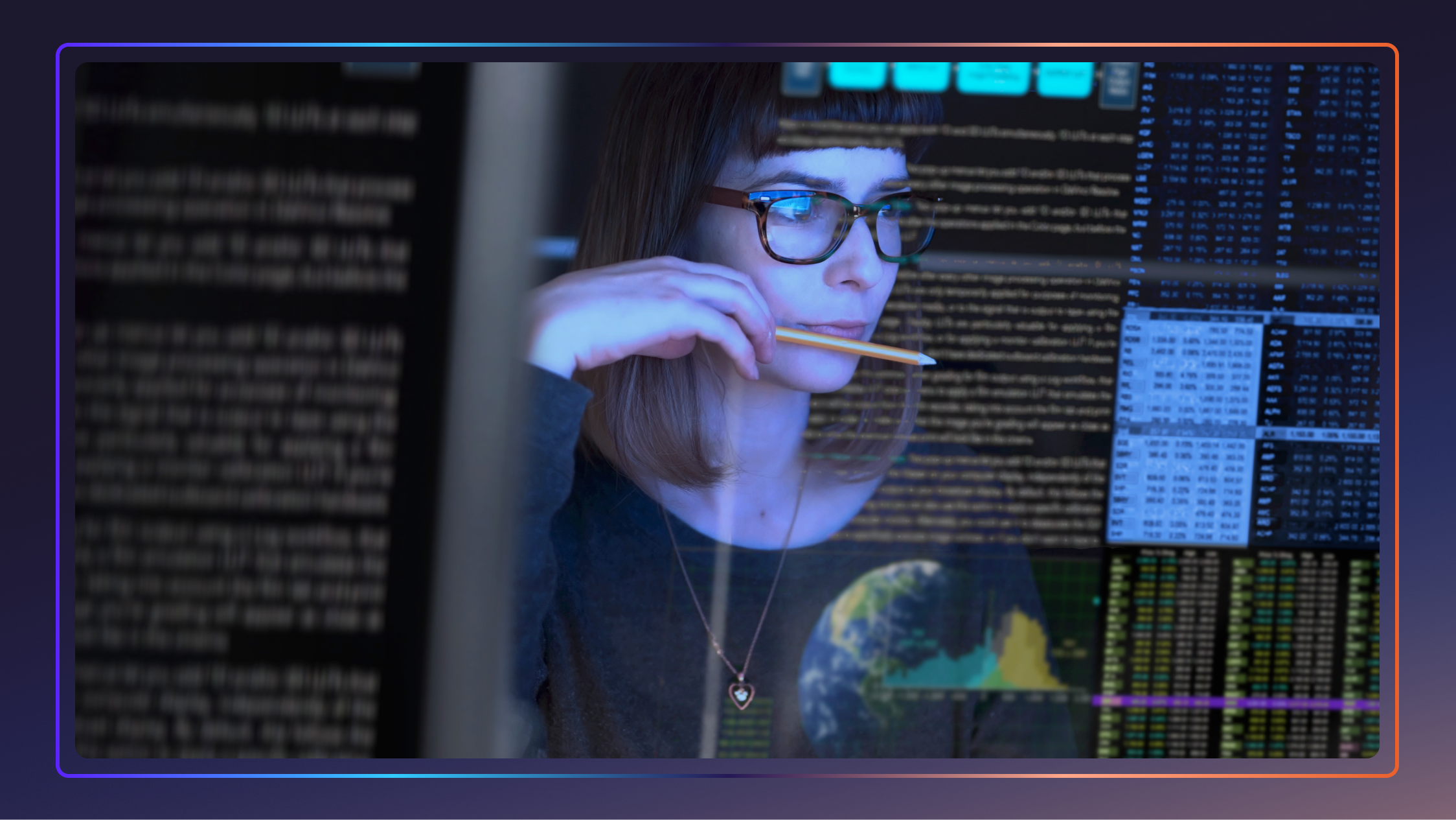 A woman in glasses holds a pencil to her face and looks at a computer screen. The computer screen is translucent, and there is text on it.