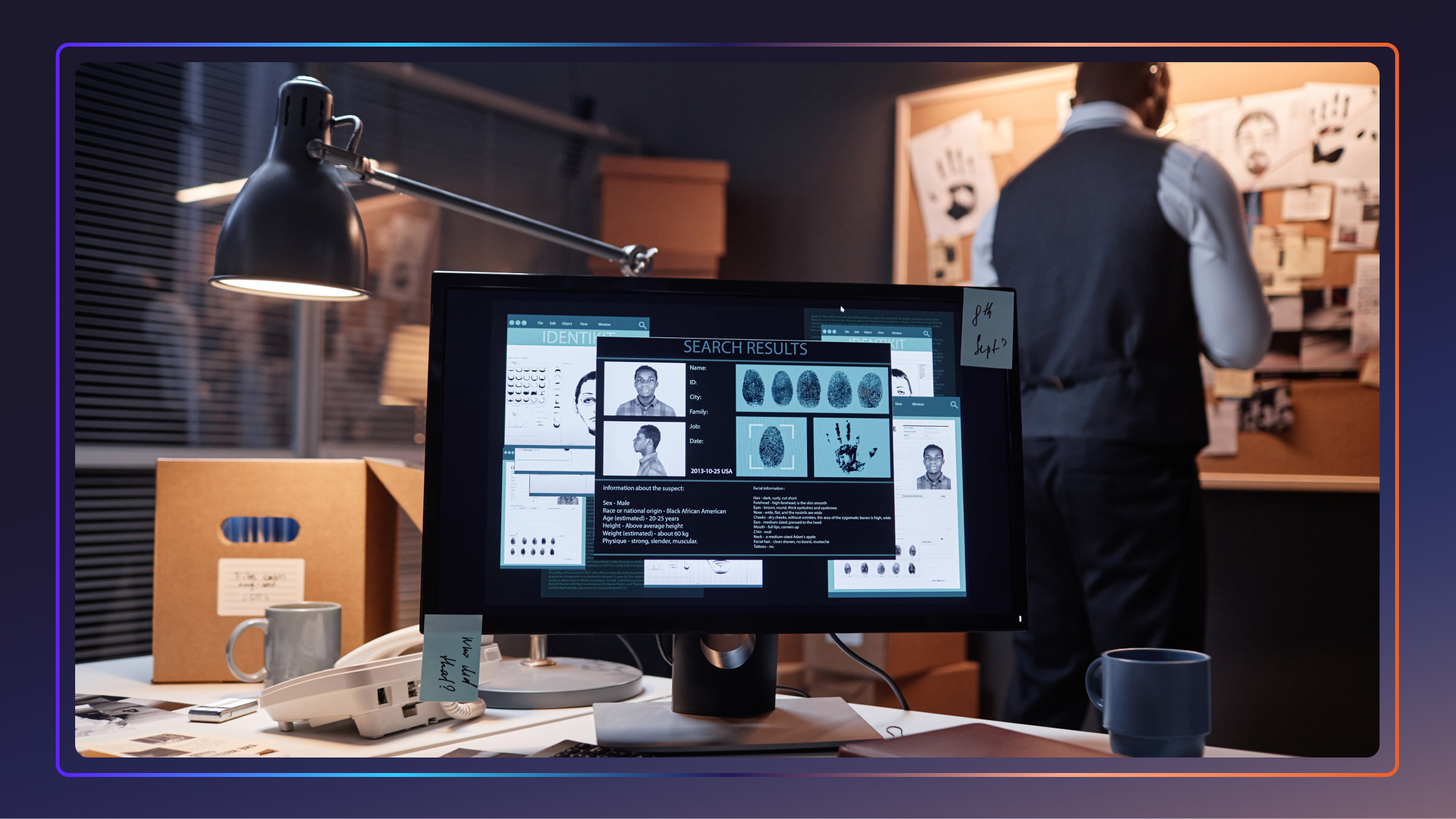 A computer screen that shows a mugshot, fingerprints, and other documents. A man stands in the background in front of a cork board.