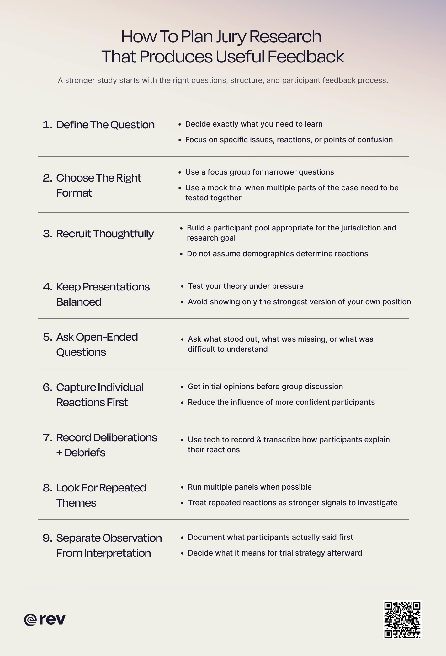 A graphic titled “How to plan jury research that produces useful feedback” with 9 steps to get good feedback when conducting jury research.