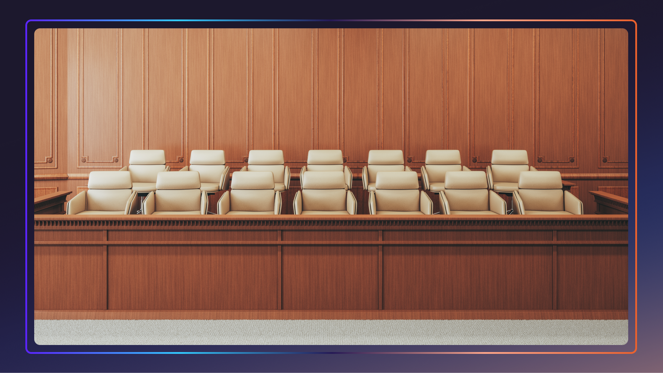 An empty jury box in a courtroom with a purple border around the image.