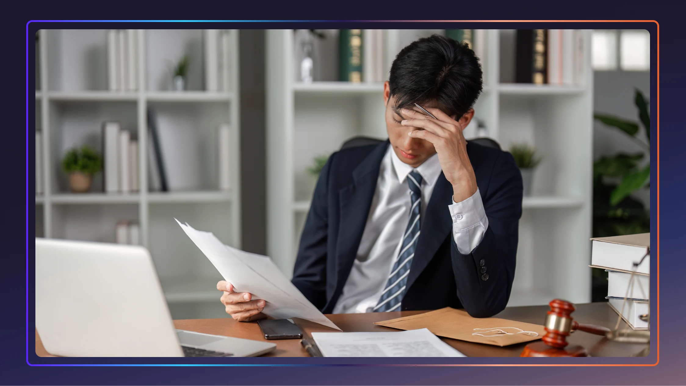 A young male lawyer sits and holds his head with his hand while reading papers.