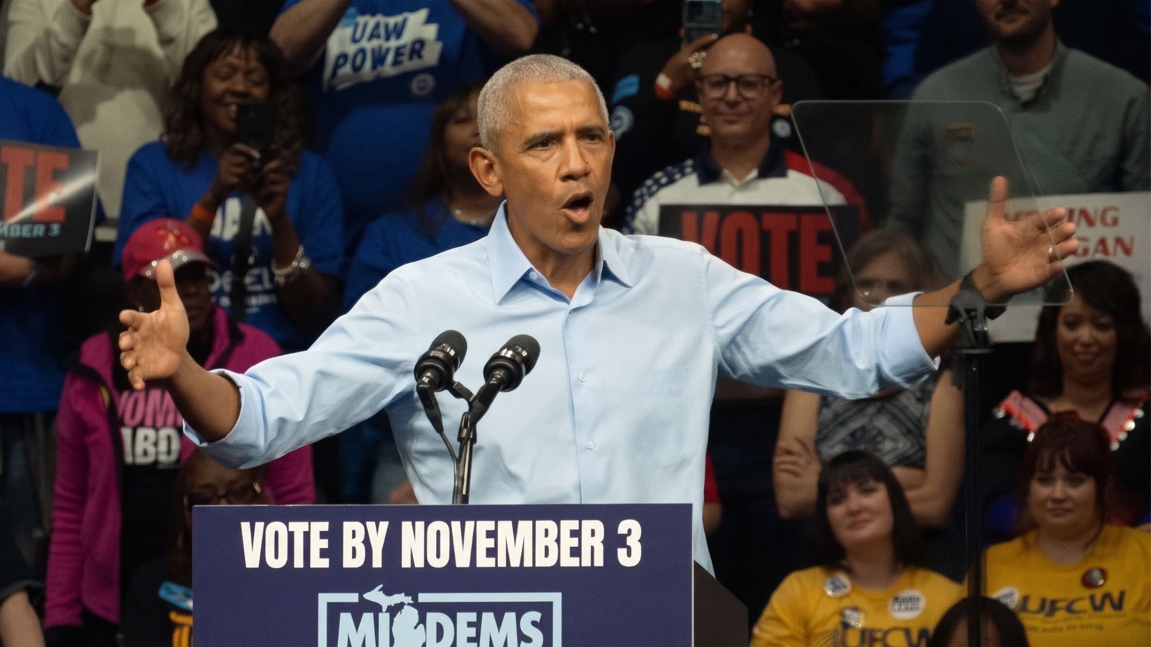 Barack Obama endorses candidates at a Democrat rally in Detroit, Michigan.