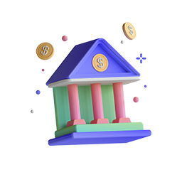 3D illustration of a classical bank building with columns and floating gold coins around it.