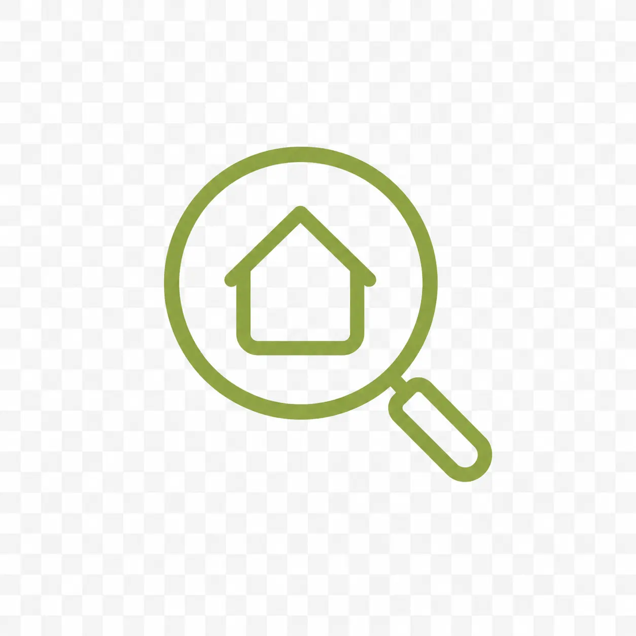 Grüne Lupensymbol mit Haus im Zentrum auf transparentem Hintergrund.