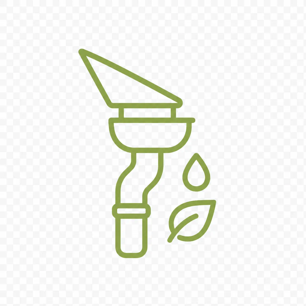 Grünes Symbol eines geneigten Dachrinnenrohrs mit Wassertropfen und Blatt.