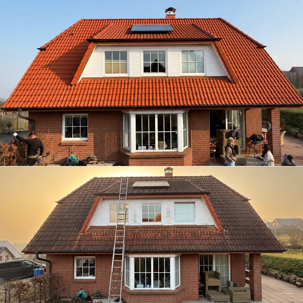 Vorher-nachher-Bild eines Hauses mit rotem Dach vor und nach Dachreinigung bei Sonnenlicht.