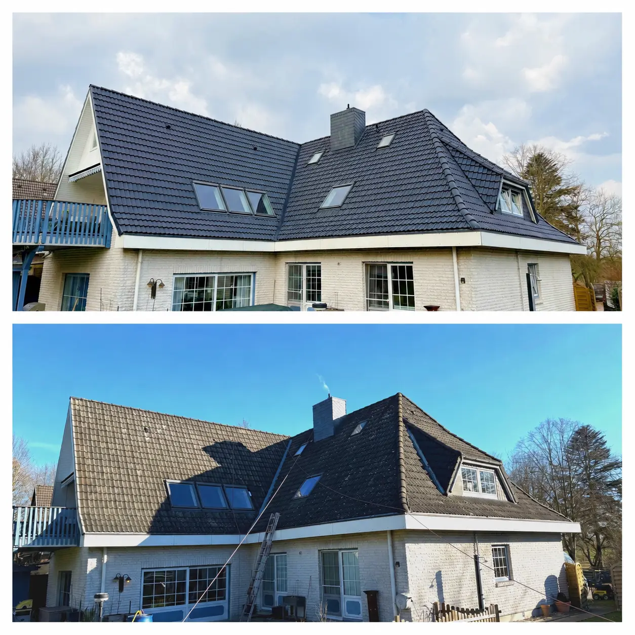 Zweistöckiges Haus mit weißen Wänden und Dach vor und nach der Dachreinigung bei Sonnenschein und Wolken.
