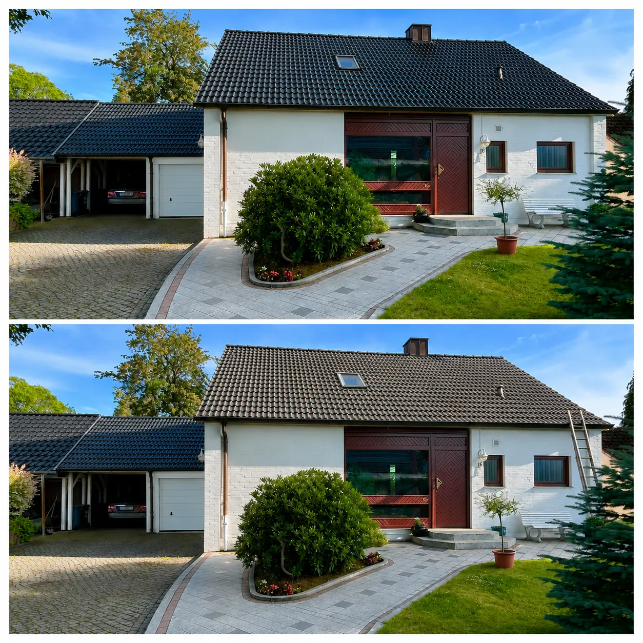 Zweifach-Hausansicht: Vorher mit schmutzigem Dach, nachher mit gereinigtem Dach und Leiter.