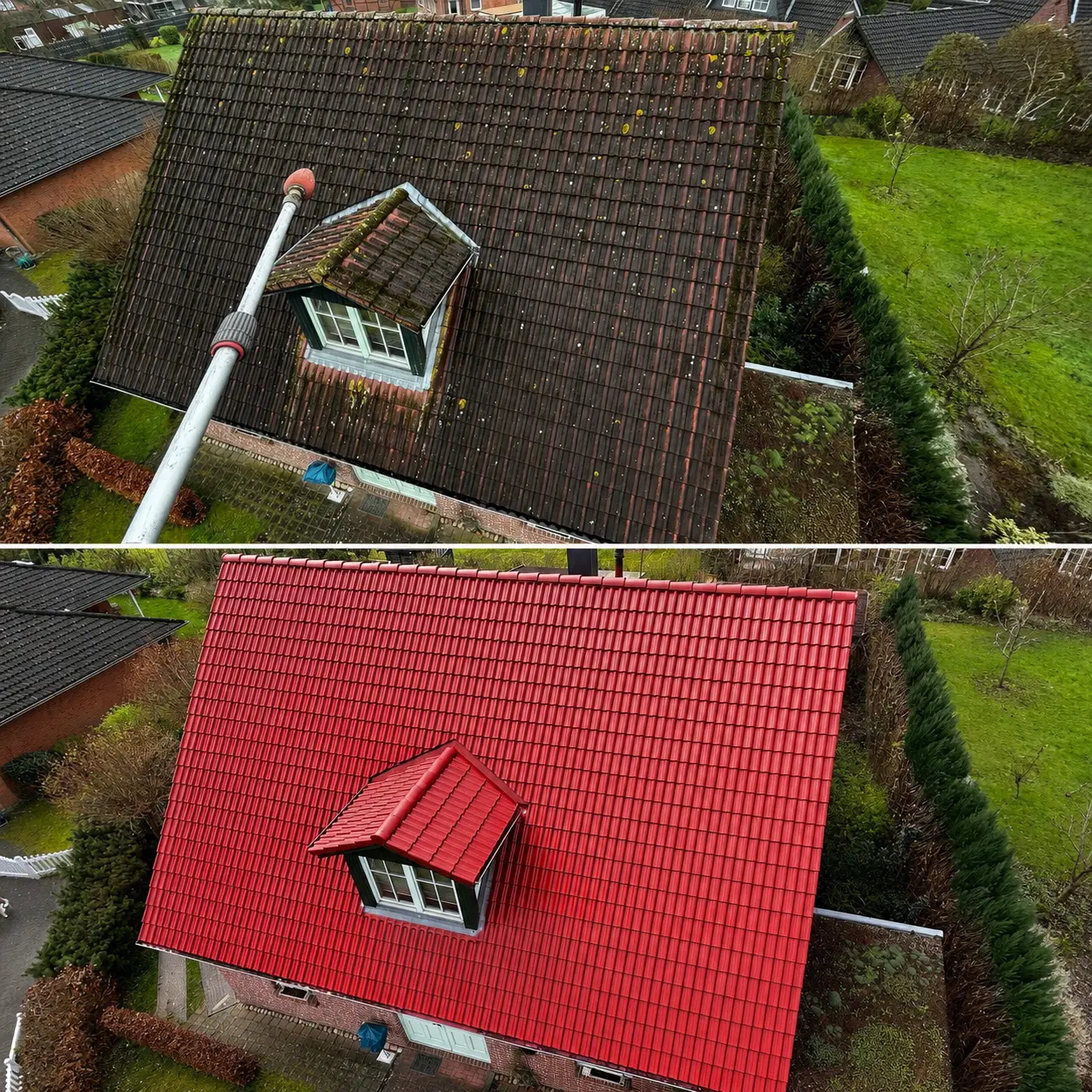 Vorher-nachher-Bild eines Hauses mit schmutzigem und gereinigtem roten Ziegeldach.