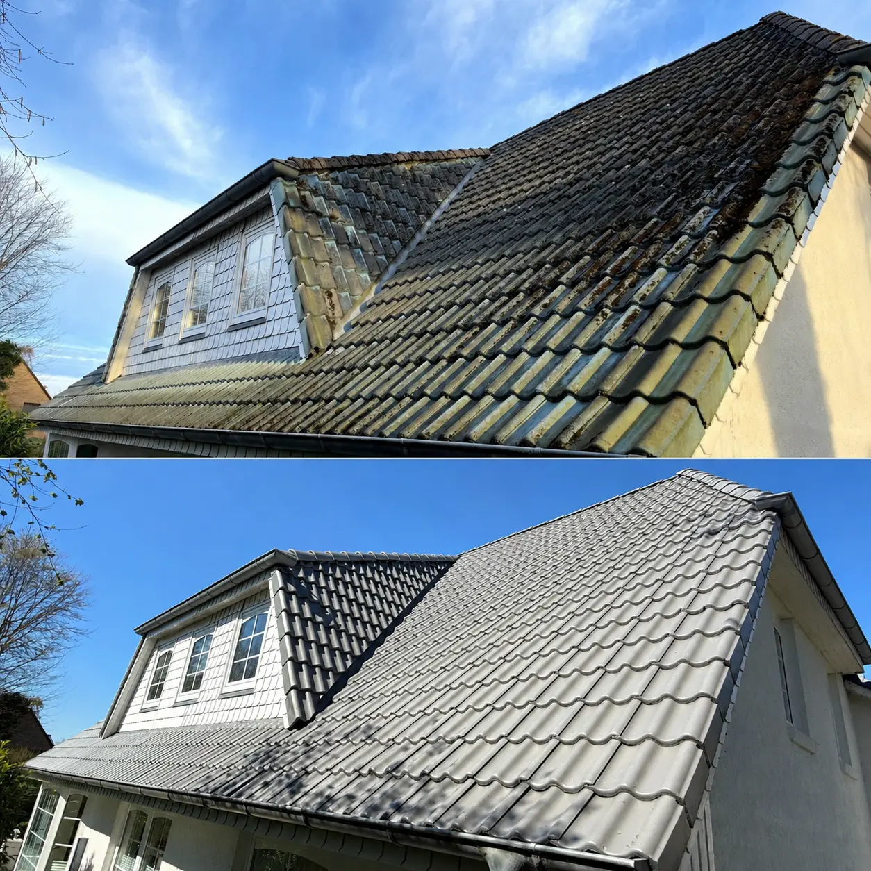 Dach vor und nach der Reinigung mit klar gereinigten grauen Dachziegeln unter blauem Himmel.