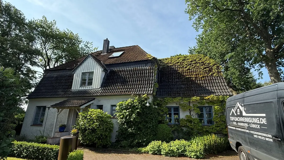 Haus mit teils moosbedecktem Ziegeldach und umgeben von Bäumen und Sträuchern an einem sonnigen Tag.