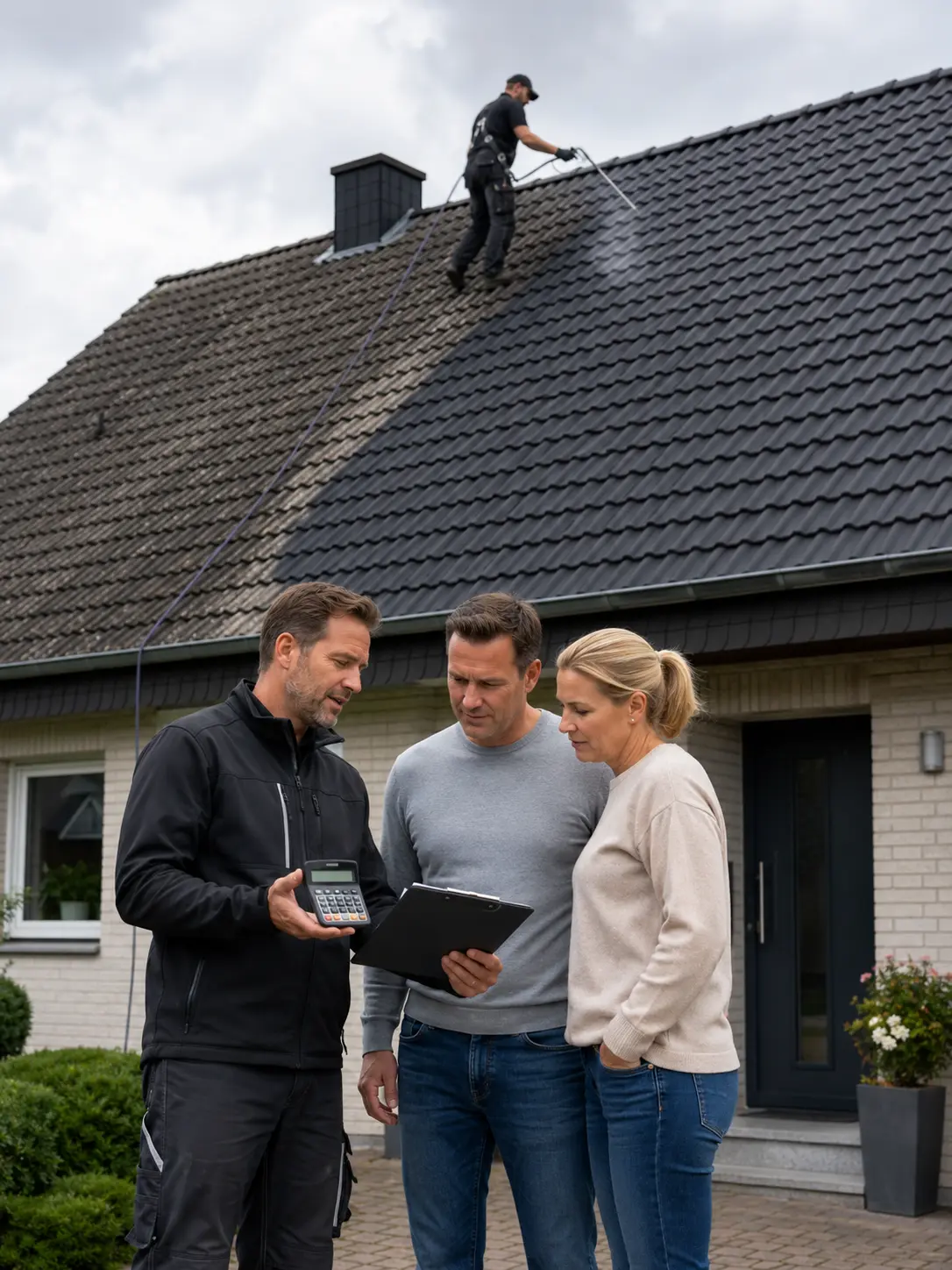 Persönliche Beratung zu Dachbeschichtung Kosten mit Hauseigentümern vor einem Wohnhaus