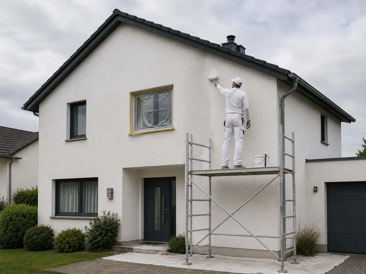 Maler steht auf Gerüst und streicht Außenfassade eines weißen Hauses mit weißer Farbe.