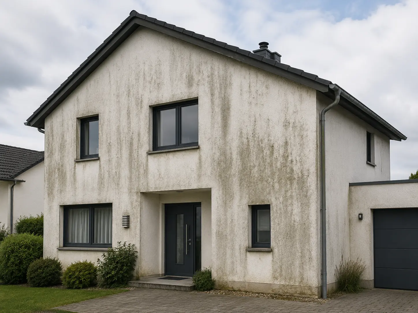 Hausfassade mit sichtbaren Schmutz- und Feuchtigkeitsflecken an den Wänden unter bewölktem Himmel.