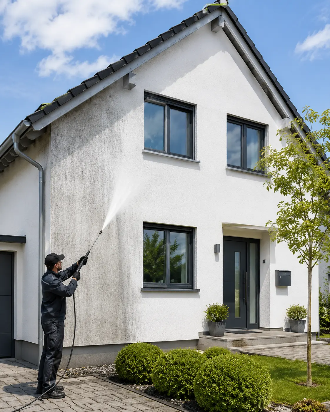 Fassadenreinigung an einem Einfamilienhaus mit sichtbar verschmutzter Außenwand