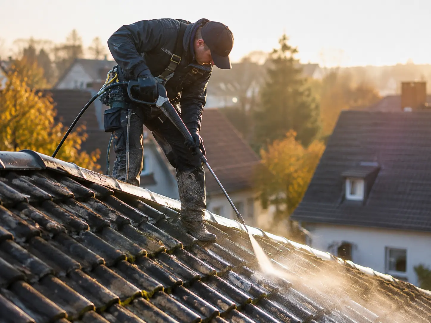 Mitarbeiter bei der professionellen Dachreinigung eines Ziegeldachs in Hamburg
