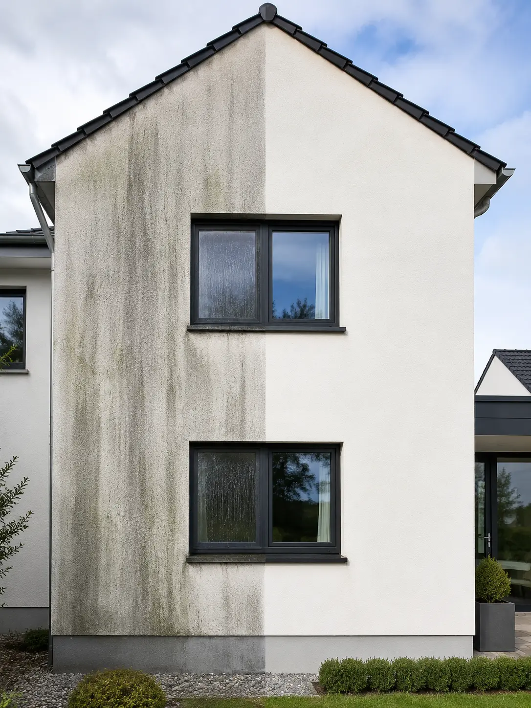 Hausfassade halb verschmutzt und halb sauber nach Reinigung mit zwei Fenstern.